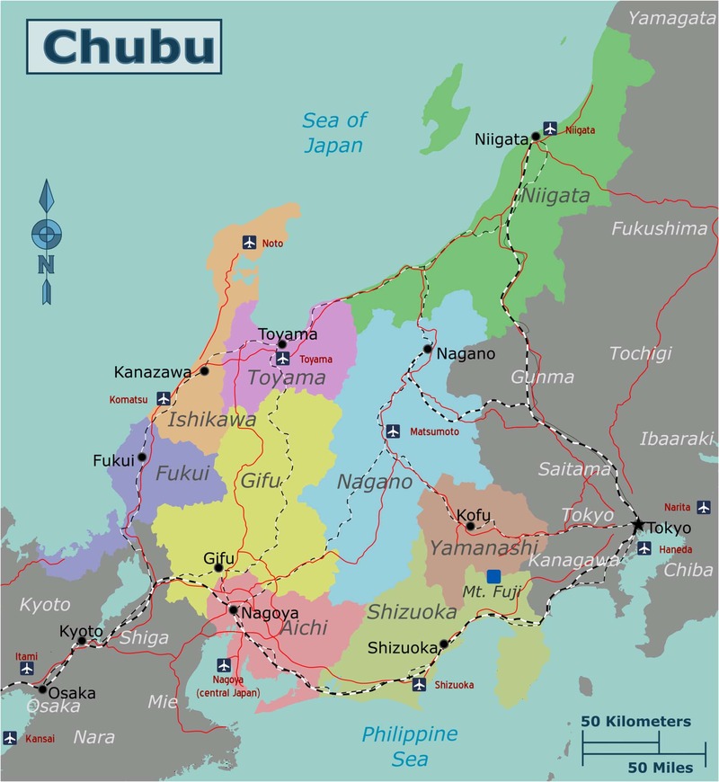 bản đồ nhật bản vùng chubu nổi bật nhất là núi phú sĩ