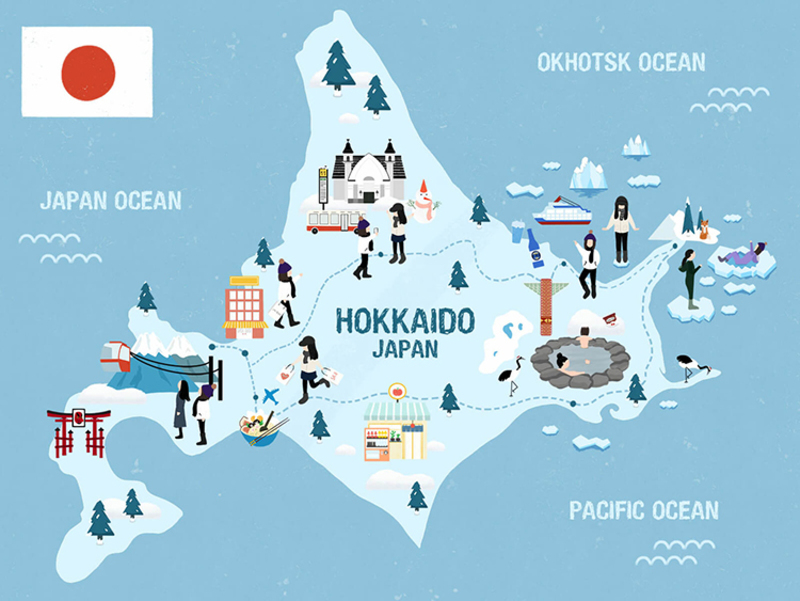 bản đồ nhật bản vùng hokkaido nổi bật mùa đông băng giá