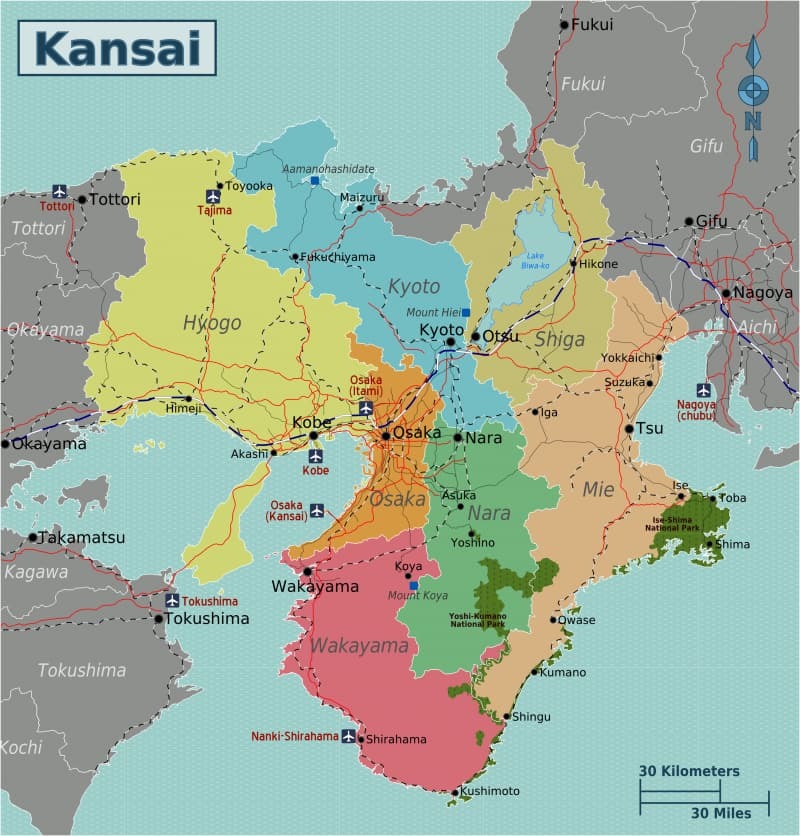kansai nằm ở phía tây nam đảo honshu theo bản đồ nhật bản