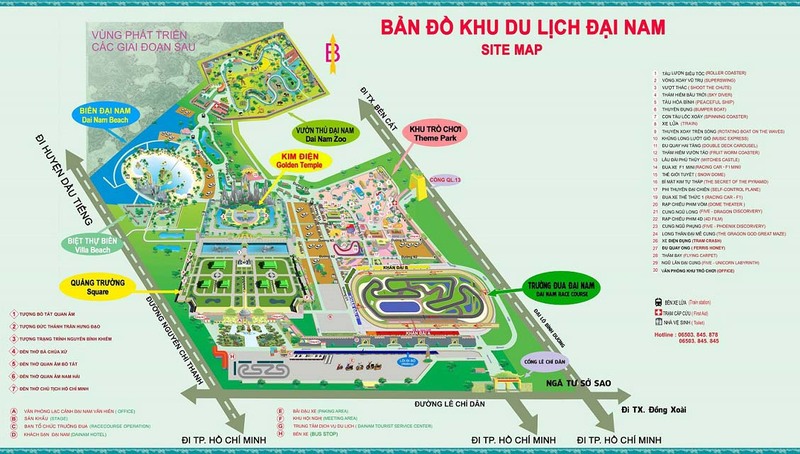 Bản đồ Khu du lịch Đại Nam hiển thị biển Đại Nam, Kim Điện, khu trò chơi và trường đua